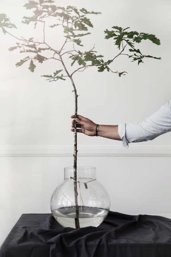 Rund glassvase, D29 H30, lærrem